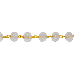 Chain by Foot. Brass Gold Plated 6.25mm Width by 4.57mm Length Natural Hand Cut Clear Crystal Stone, Gem Stone Chain. Price per: 1 Inch.
