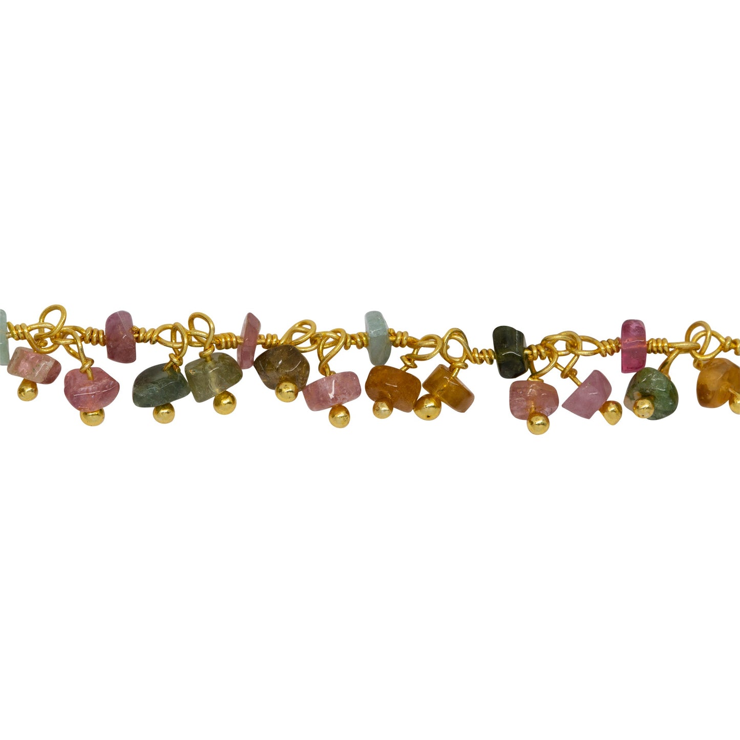 Chain by Foot. Brass Gold Plated 3.65mm Width by 2.25mm Length Natural Hand Cut Watermelon Tourmaline Stone, With Two of 3.65mm Width by 2.25mm Length Watermelon Tourmaline Stone Hanging off the Chain, Gem Stone Chain. Price per: 1 Inch.