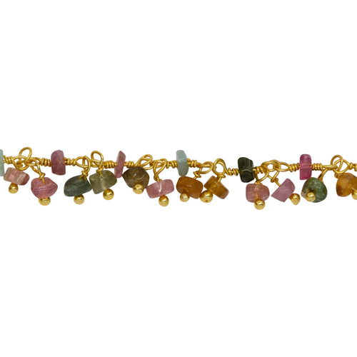 Chain by Foot. Brass Gold Plated 3.65mm Width by 2.25mm Length Natural Hand Cut Watermelon Tourmaline Stone, With Two of 3.65mm Width by 2.25mm Length Watermelon Tourmaline Stone Hanging off the Chain, Gem Stone Chain. Price per: 1 Inch.