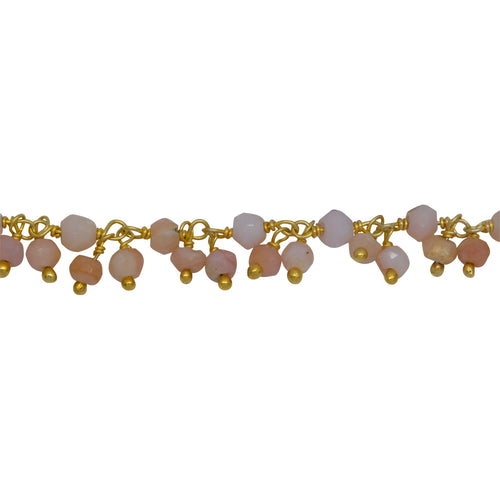 Chain by Foot. Brass Gold Plated 3.22mm Width by 2.92mm Length Natural Hand Cut Pink Opal Stone, With Two of 2.90mm Width by 2.25mm Length Pink Opal Stone Hanging off the Chain, Gem Stone Chain. Price per: 1 Inch.