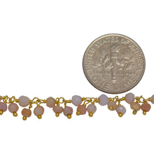 Load image into Gallery viewer, Brass Gold Plated 3.22mm Width by 2.92mm Length Natural Hand Cut Pink Opal Stone, With Two of 2.90mm Width by 2.25mm Length Pink Opal Stone Hanging off the Chain, Gem Stone Chain. Price per: 1 Inch.
