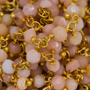 Brass Gold Plated 3.22mm Width by 2.92mm Length Natural Hand Cut Pink Opal Stone, With Two of 2.90mm Width by 2.25mm Length Pink Opal Stone Hanging off the Chain, Gem Stone Chain. Price per: 1 Inch.