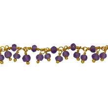 Load image into Gallery viewer, Chain by Foot. Brass Gold Plated 3.25mm Width by 2.45mm Length Natural Hand Cut Amethyst Stone, With Two of 2.65mm Width by 2.45mm Length Amethyst Stone Hanging off the Chain, Gem Stone Chain. Price per: 1 Inch.
