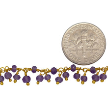 Load image into Gallery viewer, Brass Gold Plated 3.25mm Width by 2.45mm Length Natural Hand Cut Amethyst Stone, With Two of 2.65mm Width by 2.45mm Length Amethyst Stone Hanging off the Chain, Gem Stone Chain. Price per: 1 Inch.
