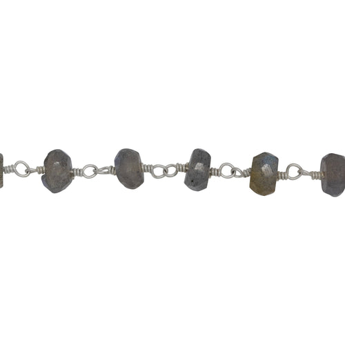 Chain by Foot. Brass Silver Plated 6.25mm Width by 4.65mm Length Natural Hand Cut Labradorite Stone, Gem Stone Chain. Price per: 1 Inch.