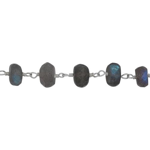 Chain by Foot. Brass Silver Plated 7.50mm Width by 4.55mm Length Natural Hand Cut Labradorite Stone, Gem Stone Chain. Price per: 1 Inch.