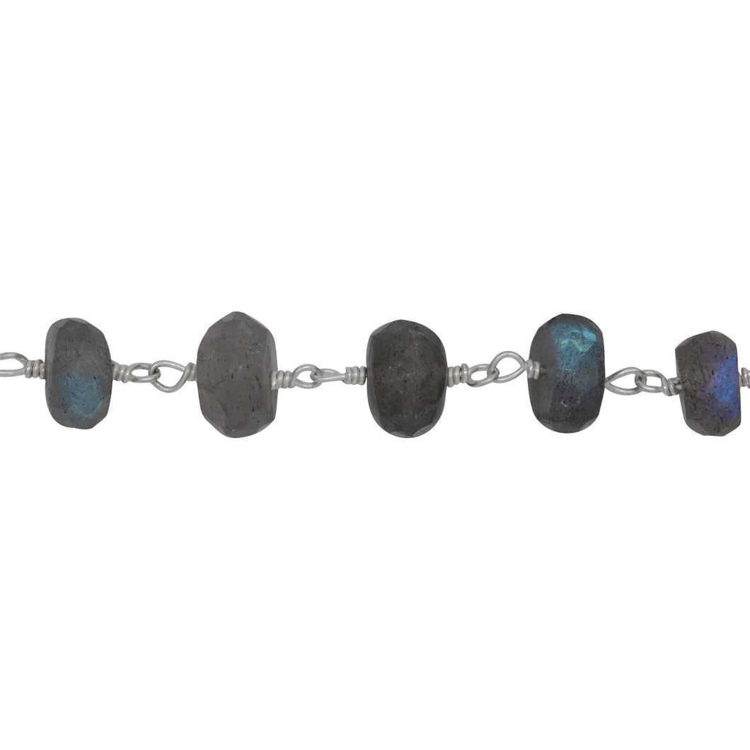 Chain by Foot. Brass Silver Plated 7.50mm Width by 4.55mm Length Natural Hand Cut Labradorite Stone, Gem Stone Chain. Price per: 1 Inch.