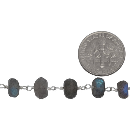 Brass Silver Plated 7.50mm Width by 4.55mm Length Natural Hand Cut Labradorite Stone, Gem Stone Chain. Price per: 1 Inch.