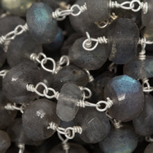 Load image into Gallery viewer, Brass Silver Plated 7.50mm Width by 4.55mm Length Natural Hand Cut Labradorite Stone, Gem Stone Chain. Price per: 1 Inch.
