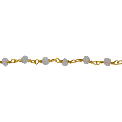 Chain by Foot. Brass Gold Plated 3.65mm Width by 2.85mm Length Natural Hand Cut Rainbow Moon Stone Stone, Gem Stone Chain. Price per: 1 Inch.