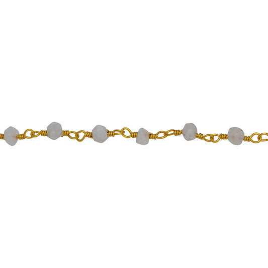 Chain by Foot. Brass Gold Plated 3.65mm Width by 2.85mm Length Natural Hand Cut Rainbow Moon Stone Stone, Gem Stone Chain. Price per: 1 Inch.