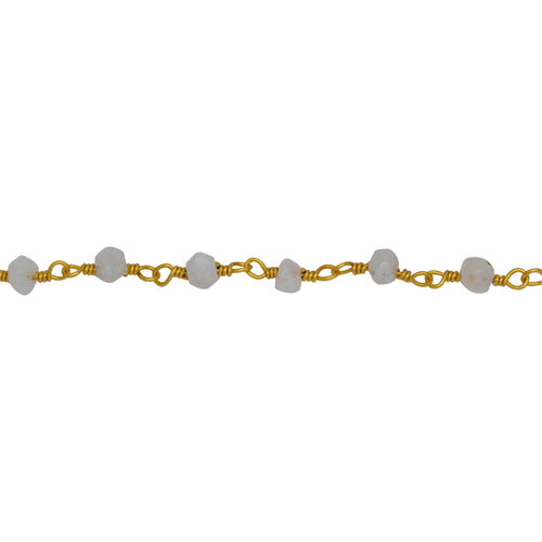 Chain by Foot. Brass Gold Plated 3.65mm Width by 2.85mm Length Natural Hand Cut Rainbow Moon Stone Stone, Gem Stone Chain. Price per: 1 Inch.