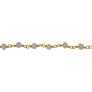 Chain by Foot. Brass Gold Plated 3.65mm Width by 2.85mm Length Natural Hand Cut Rainbow Moon Stone Stone, Gem Stone Chain. Price per: 1 Inch.