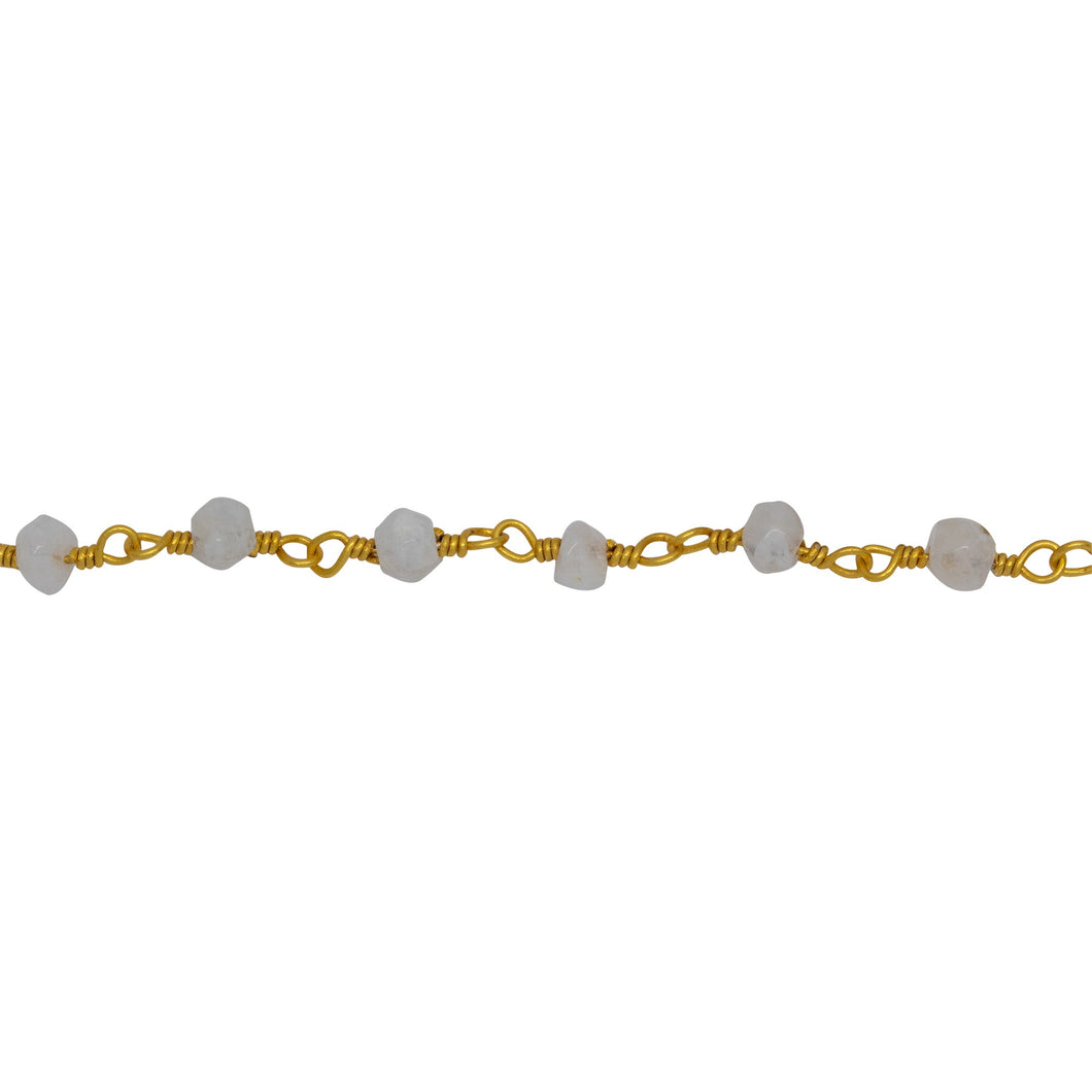 Chain by Foot. Brass Gold Plated 3.65mm Width by 2.85mm Length Natural Hand Cut Rainbow Moon Stone Stone, Gem Stone Chain. Price per: 1 Inch.