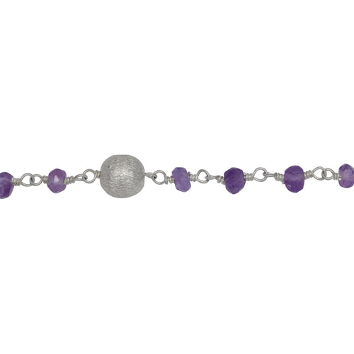 Chain by Foot. Brass Silver Plated 3.75mm Width by 3.30mm Length Natural Hand Cut Amethyst Stone Chain, Followed by 5.90mm Width by 6.25mm Length Brass Silver Plated Textured Bead Every 2 Inches, Gem Stone Chain. Price per: 1 Inch.