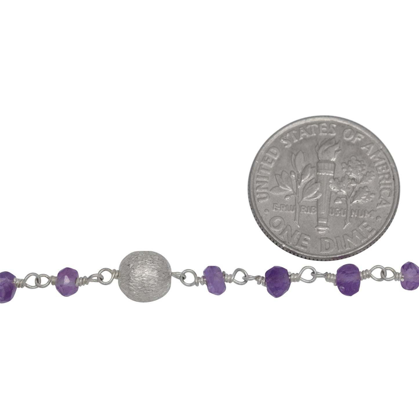 Brass Silver Plated 3.75mm Width by 3.30mm Length Natural Hand Cut Amethyst Stone Chain, Followed by 5.90mm Width by 6.25mm Length Brass Silver Plated Textured Bead Every 2 Inches, Gem Stone Chain. Price per: 1 Inch.