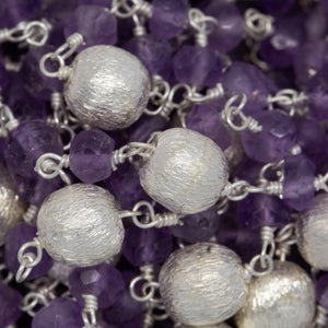 Brass Silver Plated 3.75mm Width by 3.30mm Length Natural Hand Cut Amethyst Stone Chain, Followed by 5.90mm Width by 6.25mm Length Brass Silver Plated Textured Bead Every 2 Inches, Gem Stone Chain. Price per: 1 Inch.