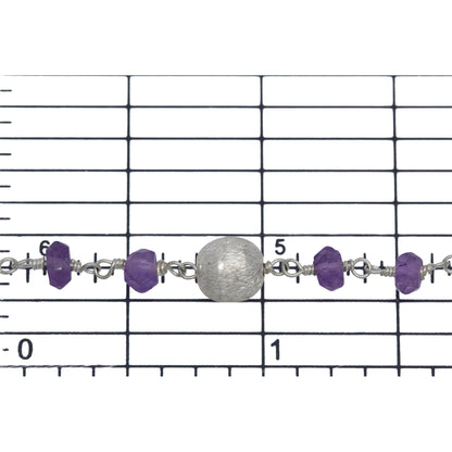 Brass Silver Plated 3.75mm Width by 3.30mm Length Natural Hand Cut Amethyst Stone Chain, Followed by 5.90mm Width by 6.25mm Length Brass Silver Plated Textured Bead Every 2 Inches, Gem Stone Chain. Price per: 1 Inch.