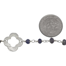 Load image into Gallery viewer, Brass Silver Plated 3.75mm Width by 2.90mm Length Natural Hand Cut Iolite Stone Chain, Followed by 14.25mm Width by 14.10mm Length Brass Silver Plated Textured Clover Every 3.5 Inches, Gem Stone Chain. Price per: 1 Inch.
