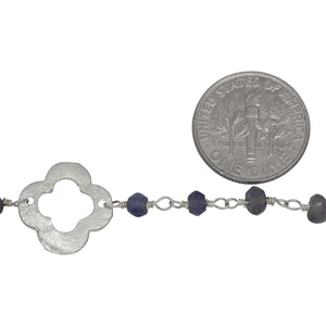 Brass Silver Plated 3.75mm Width by 2.90mm Length Natural Hand Cut Iolite Stone Chain, Followed by 14.25mm Width by 14.10mm Length Brass Silver Plated Textured Clover Every 3.5 Inches, Gem Stone Chain. Price per: 1 Inch.