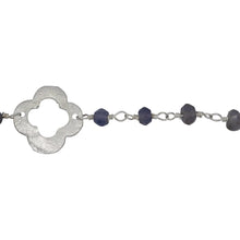 Load image into Gallery viewer, Chain by Foot. Brass Silver Plated 3.75mm Width by 2.90mm Length Natural Hand Cut Iolite Stone Chain, Followed by 14.25mm Width by 14.10mm Length Brass Silver Plated Textured Clover Every 3.5 Inches, Gem Stone Chain. Price per: 1 Inch.
