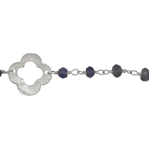 Chain by Foot. Brass Silver Plated 3.75mm Width by 2.90mm Length Natural Hand Cut Iolite Stone Chain, Followed by 14.25mm Width by 14.10mm Length Brass Silver Plated Textured Clover Every 3.5 Inches, Gem Stone Chain. Price per: 1 Inch.