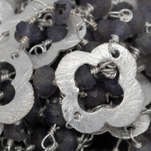 Brass Silver Plated 3.75mm Width by 2.90mm Length Natural Hand Cut Iolite Stone Chain, Followed by 14.25mm Width by 14.10mm Length Brass Silver Plated Textured Clover Every 3.5 Inches, Gem Stone Chain. Price per: 1 Inch.