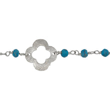 Load image into Gallery viewer, Chain by Foot. Brass Silver Plated 3.75mm Width by 2.95mm Length Natural Hand Cut Turquoise Stone Chain, Followed by 14.35mm Width by 14.25mm Length Brass Silver Plated Textured Clover Every 3.5 Inches, Gem Stone Chain. Price per: 1 Inch.
