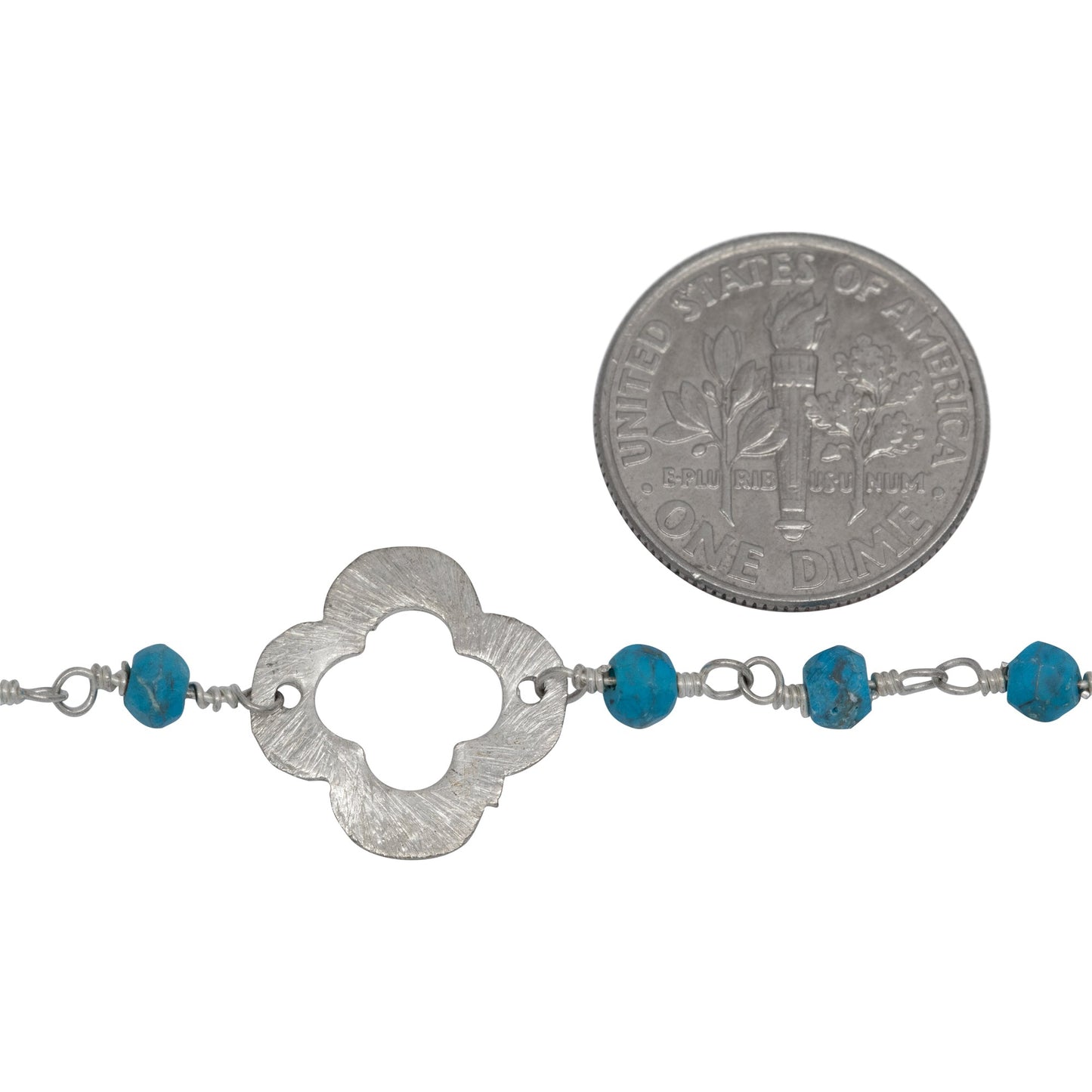 Brass Silver Plated 3.75mm Width by 2.95mm Length Natural Hand Cut Turquoise Stone Chain, Followed by 14.35mm Width by 14.25mm Length Brass Silver Plated Textured Clover Every 3.5 Inches, Gem Stone Chain. Price per: 1 Inch.