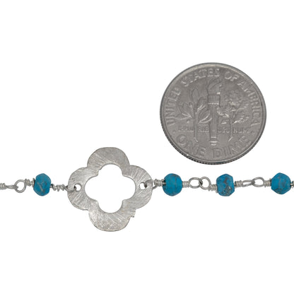 Brass Silver Plated 3.75mm Width by 2.95mm Length Natural Hand Cut Turquoise Stone Chain, Followed by 14.35mm Width by 14.25mm Length Brass Silver Plated Textured Clover Every 3.5 Inches, Gem Stone Chain. Price per: 1 Inch.