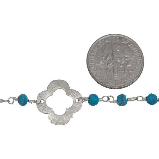 Brass Silver Plated 3.75mm Width by 2.95mm Length Natural Hand Cut Turquoise Stone Chain, Followed by 14.35mm Width by 14.25mm Length Brass Silver Plated Textured Clover Every 3.5 Inches, Gem Stone Chain. Price per: 1 Inch.