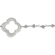 Load image into Gallery viewer, Chain by Foot. Brass Silver Plated 2.85mm Width by 2.25mm Length Natural Hand Cut Rainbow Moon Stone Stone Chain, Followed by 17.75mm Width by 17.75mm Length Brass Silver Plated Textured Clover Every 3.5 Inches, Gem Stone Chain. Price per: 1 Inch.
