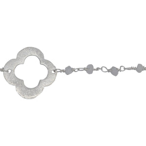 Chain by Foot. Brass Silver Plated 2.85mm Width by 2.25mm Length Natural Hand Cut Rainbow Moon Stone Stone Chain, Followed by 17.75mm Width by 17.75mm Length Brass Silver Plated Textured Clover Every 3.5 Inches, Gem Stone Chain. Price per: 1 Inch.