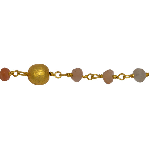 Chain by Foot. Brass Gold Plated 4.05mm Width by 3.25mm Length Natural Hand Cut Moon Stone Chain, Followed by 6.10mm Width by 6.25mm Length Brass Gold Plated Textured Bead Every 2.5 Inches, Gem Stone Chain. Price per: 1 Inch.