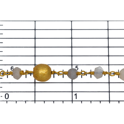 Brass Gold Plated 4.05mm Width by 3.25mm Length Natural Hand Cut Moon Stone Chain, Followed by 6.10mm Width by 6.25mm Length Brass Gold Plated Textured Bead Every 2.5 Inches, Gem Stone Chain. Price per: 1 Inch.
