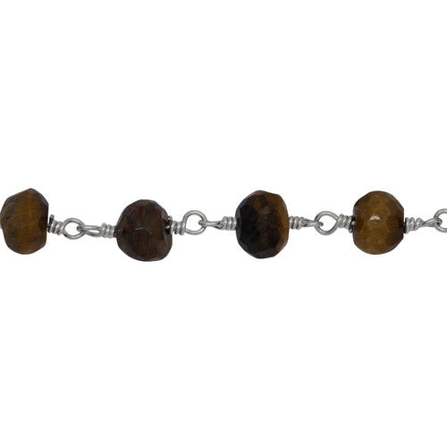 Chain by Foot. Brass Silver Plated 6.35mm Width by 4.50mm Length Natural Hand Cut Tiger Eye Stone, Gem Stone Chain. Price per: 1 Inch.