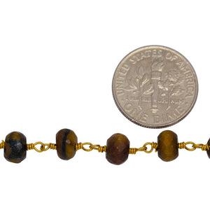 Brass Gold Plated 6.35mm Width by 4.50mm Length Natural Hand Cut Tiger Eye Stone, Gem Stone Chain. Price per: 1 Inch.