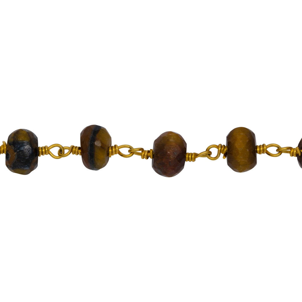 Chain by Foot. Brass Gold Plated 6.35mm Width by 4.50mm Length Natural Hand Cut Tiger Eye Stone, Gem Stone Chain. Price per: 1 Inch.