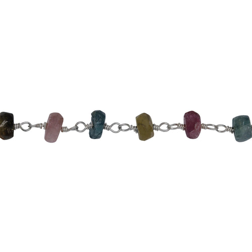 Chain by Foot. Brass Silver Plated 5.65mm Width by 3.05mm Length Natural Hand Cut Multi Tourmaline Stone, Gem Stone Chain. Price per: 1 Inch.