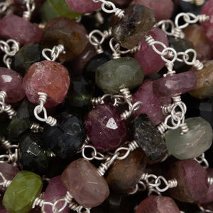 Brass Silver Plated 5.65mm Width by 3.05mm Length Natural Hand Cut Multi Tourmaline Stone, Gem Stone Chain. Price per: 1 Inch.