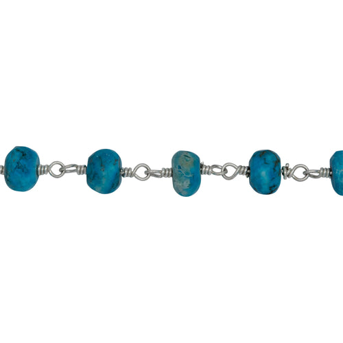 Chain by Foot. Brass Silver Plated 6.25mm Width by 4.30mm Length Natural Hand Cut Turquoise Stone, Gem Stone Chain. Price per: 1 Inch.