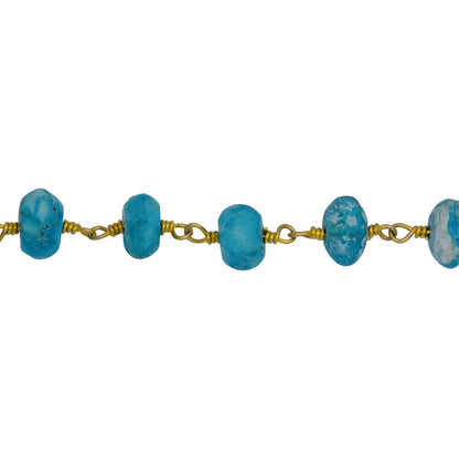 Chain by Foot. Brass Gold Plated 6.25mm Width by 4.30mm Length Natural Hand Cut Turquoise Stone, Gem Stone Chain. Price per: 1 Inch.