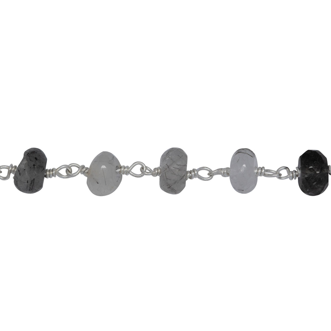 Chain by Foot. Brass Silver Plated 6.45mm Width by 3.60mm Length Natural Hand Cut Black Rutilated Quartz, Gem Stone Chain. Price per: 1 Inch.