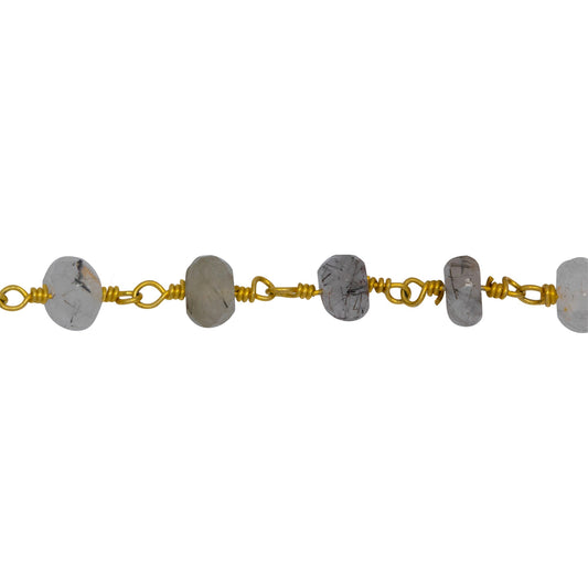 Chain by Foot. Brass Gold Plated 5.75mm Width by 3.50mm Length Natural Hand Cut Black Rutilated Quartz, Gem Stone Chain. Price per: 1 Inch.