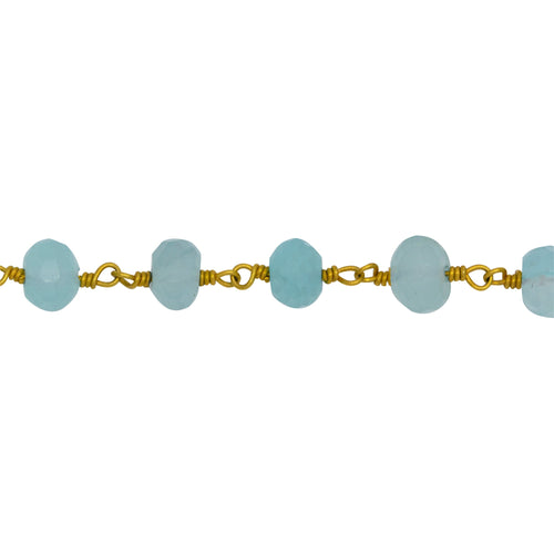 Chain by Foot. Brass Gold Plated 6.45mm Width by 4.35mm Length Natural Hand Cut Blue Calcite Stone, Gem Stone Chain. Price per: 1 Inch.