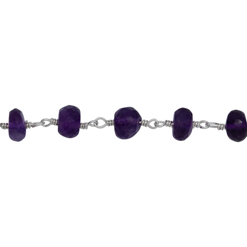 Chain by Foot. Brass Silver Plated 5.7mm Width by 4.1mm Length Natural Hand Cut Amethyst Stone, Gem Stone Chain. Price per: 1 Inch.