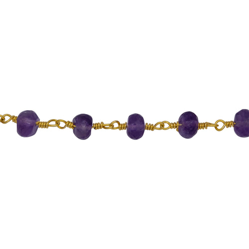 Chain by Foot. Brass Gold Plated 5.7mm Width by 4.1mm Length Natural Hand Cut Amethyst Stone, Gem Stone Chain. Price per: 1 Inch.