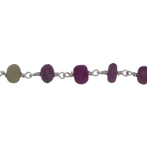 Chain by Foot. Brass Silver Plated 6.38mm Width by 3.96mm Length Natural Hand Cut Multi Sapphire (Dyed) Stone, Gem Stone Chain. Price per: 1 Inch.