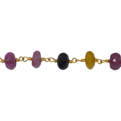 Chain by Foot. Brass Gold Plated 6.38mm Width by 3.96mm Length Natural Hand Cut Multi Sapphire (Dyed) Stone, Gem Stone Chain. Price per: 1 Inch.