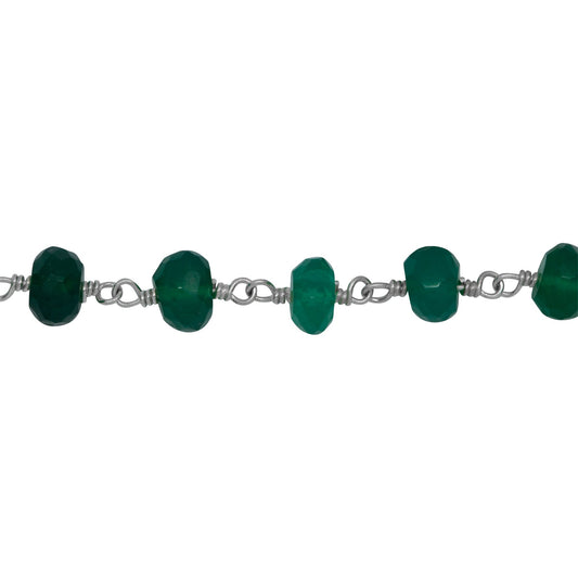 Chain by Foot. Brass Silver Plated 6.3mm Width by 3.6mm Length Natural Hand Cut Green Onyx Stone, Gem Stone Chain. Price per: 1 Inch.